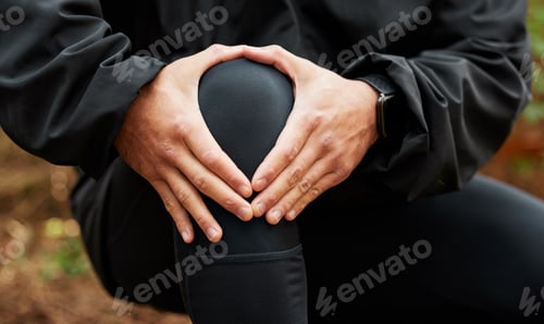 Preview: Person, hands and injury of knee pain for sports, first aid emergency and health risk outdoor. Clos