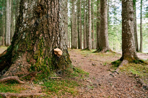 Preview: Tinder fungus grows on the trunk of a coniferous tree in a green forest
