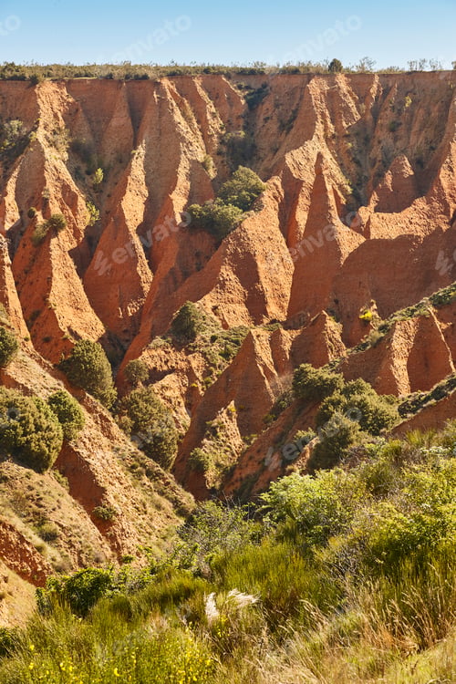 Preview: Badlands mountain valley. Eroded landscape. Las Carcavas, Spain