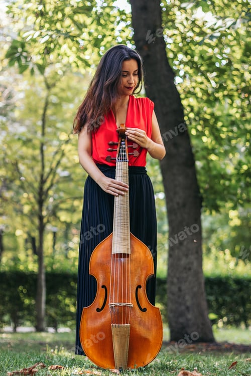 Preview: Female musician with her cello outdoors