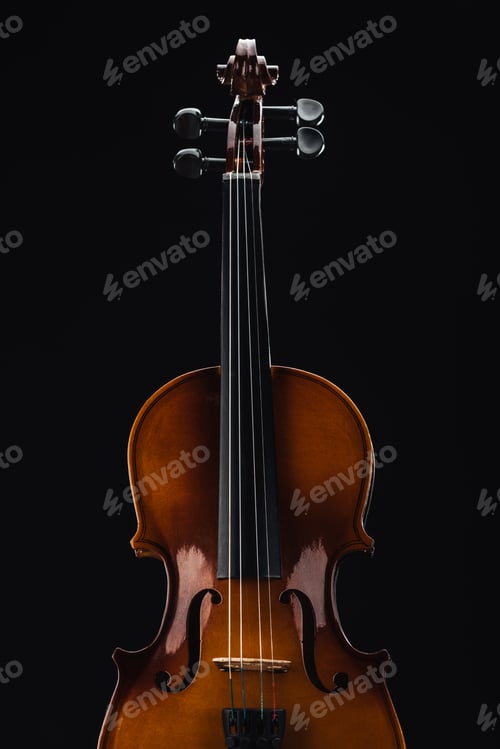 Preview: top view of classical wooden violoncello isolated on black