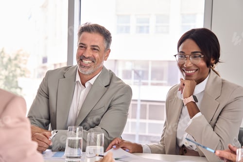 Preview: Happy busy diverse executive business people communicating at office meeting.