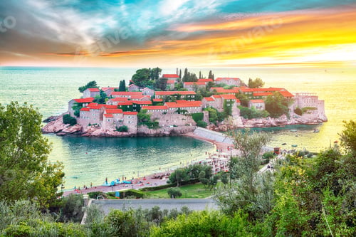 Preview: Aerial sunset view of the islet Sveti Stefan from church st. Sava viewpoint