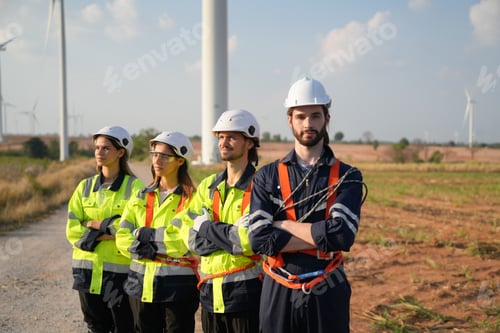 Preview: Sustainable energy industry - Engineers working at alternative renewable wind energy farm