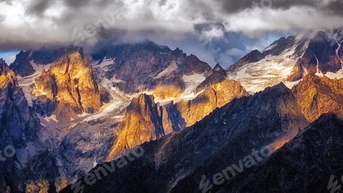 Preview: Detail of dramatic mountain range with colorful sunlight, Svaneti