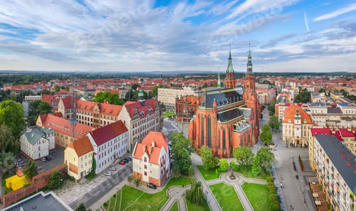 Preview: Legnica, Poland. Aerial panorama of city with cathedral