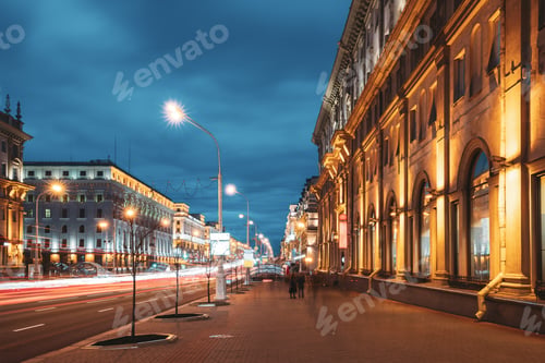 Preview: Minsk, Belarus. Traffic On Independence Avenue In Evening Night