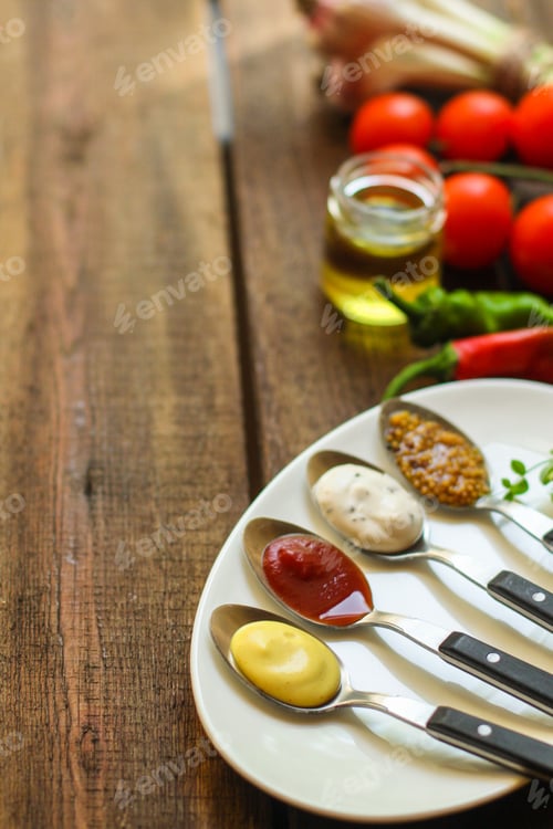 Preview: Sauces, Portion Serving (Ingredients And Dressing To Dish). Top View. Copy Space
