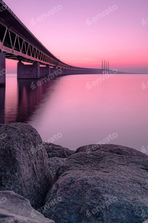 Preview: Vertical view of the Oresund Bridge crossing over the Oresund strait at sunset