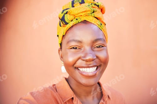 Preview: Black woman, selfie and beauty with makeup, smile and urban wall background with scarf on head. Hap