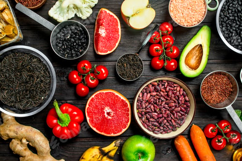 Preview: Organic food. Fresh vegetables and spices with legumes.