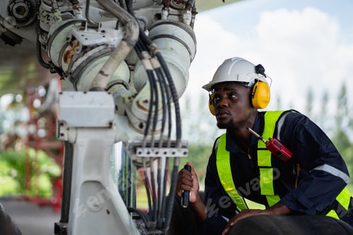 Preview: Aircraft maintenance engineer inspecting engine with safety gear and tools.