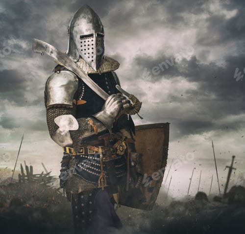 Preview: Knight in armour on battle rise under stormy sky.