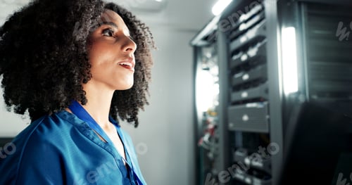 Preview: Laptop, server room and technician with solution for network maintenance, planning or problem solvi