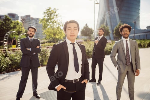 Preview: Confident business team standing in an urban setting with the focus on a young man in front.
