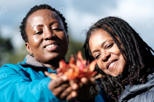 Preview: Mature happy women holding blurry leaves outdoors.