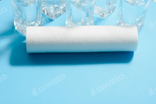 Preview: Water filters. Carbon cartridges and glasses on a blue background. Household filtration system.