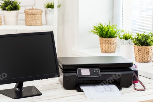 Preview: Printer and computer. Office table