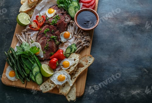 Preview: Breakfast board fullof eggs, meat, vegetables, bread, meat and tea, top view