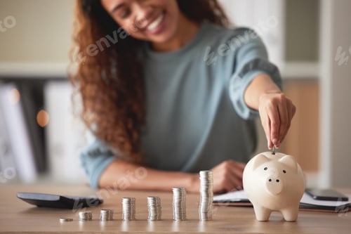 Preview: Woman Saving Money with Piggy Bank at Desk