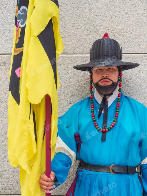 Preview: Busan, South Korea - August, 05 2017: Korean warrior near archway
