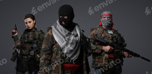 Preview: Radical militants in camouflage group portrait