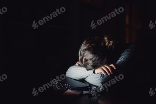 Preview: One sad and tired young woman feeling bad covering her face sleeping or resting