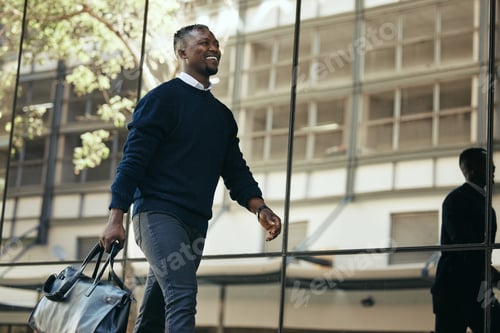 Preview: Fashion, travel and corporate employee or businessman traveling and walking out of a building or ai