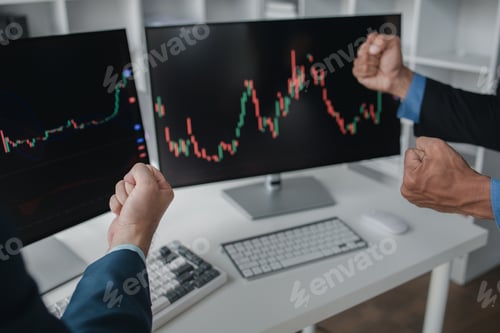 Preview: Two stock investors working together to analyze the stock market, business man is trading stocks for