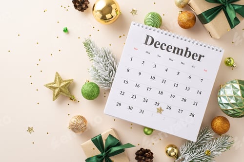 Preview: Fashion your yuletide atmosphere. Top view of calendar with highlighted 25th December