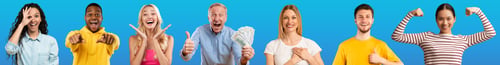 Preview: Happy multiracial people grimacing and gesturing on blue, collage