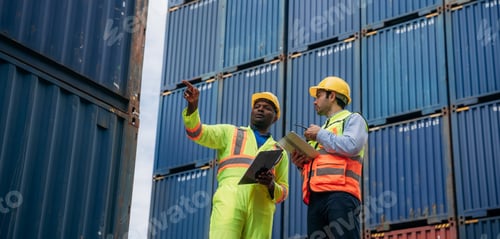 Preview: Foreman checking inventory or task details at Container cargo harbor.