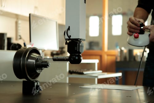Preview: CMM probe measuring on steel cylinder. CMM probe Machine control controller.