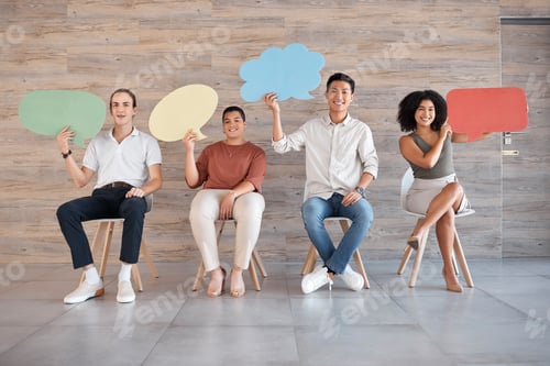 Preview: Feedback, speech bubble and idea with communication and business people with mockup for survey, que
