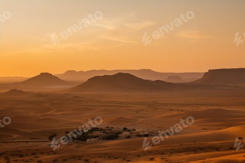 Preview: desert landscape during sunset with mountains in distance and yellow sky