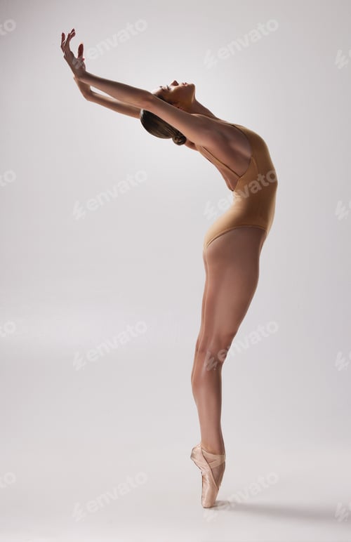 Preview: Ballerina, ballet and silhouette of woman on a white background for performance, dancing and traini