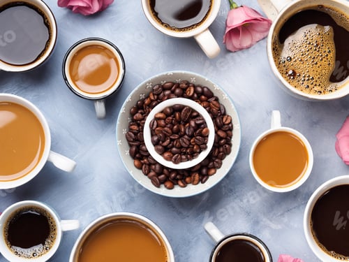 Preview: Cups and mugs of coffee and flowers