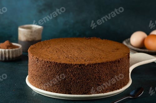 Preview: Homemade round chocolate sponge cake or chiffon cake. Sponge cake ingredients. Chocolate biscuit