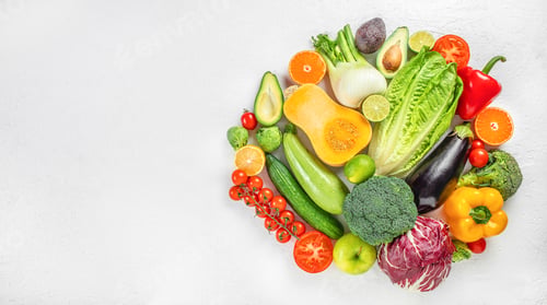 Preview: organic vegetables and fruits, Healthy food on white. Long banner format. top view