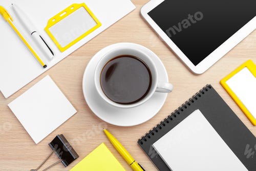 Preview: Corporate identity design template on wooden desk close up