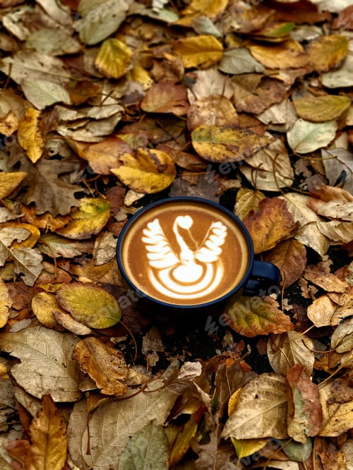 Preview: Closeup of latte art on autumn leaves