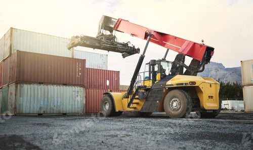 Preview: Shipping container, logistics crane truck and supply chain distribution port in freight export indu