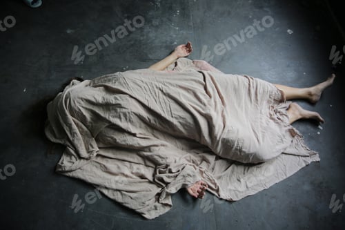 Preview: Body of woman lying on ground, contract killing, revenge or robbery, horror