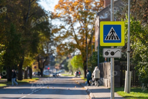 Preview: A pedestrian crossing sign stands bright against fall foliage in a quiet neighborhood.