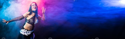 Preview: Banner sexy woman with luxury glossy eastern make-up dancing tribal fusion with copy space