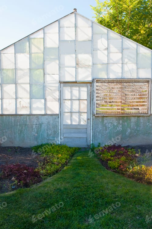 Preview: Exterior of dilapidated abandoned greenhouse.