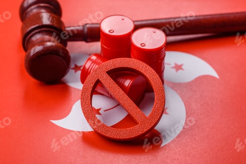 Preview: Barrels of oil, gas, or chemicals on the hong kong flag and a ban sign. Barrels of hong kong oil