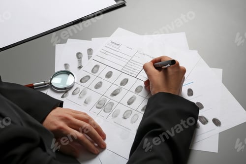 Preview: Female criminalist filling fingerprints card at table, closeup