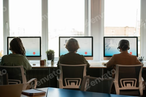 Preview: Back view of three customer support representatives consulting clients online