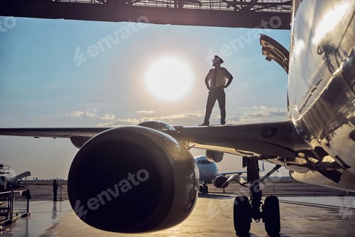 Preview: Portrait of pilot in business uniform posing on the wing at the photo camera